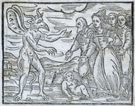 Sorcerers presenting a child to the devil, 1608. People lay the child at the feet of the devil as a