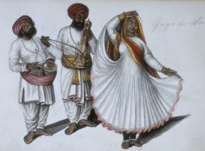 A dancing girl performing the 'Gugree' or 'gagri' dance with two musicians, 1856.