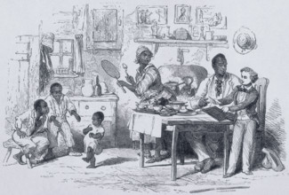 Mas'r George teaching Uncle Tom to write, 1852. George hands Tom a pencil and a book to practise