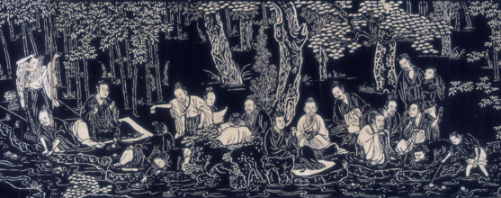 A gathering of robed men seated in a forest. Boys paddle in a river.