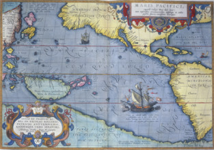 The Pacific Ocean, 1586. 'Maris Pacifici'. A map showing North and South America, China, New