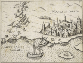 City of Manoa, 1599. 'Manoa o del Dorado'. An illustration of a walled city beside a lake, with