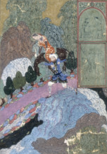 Farhad carrying Shirin and her horse across the stream, c1410-c1411. Shirin is the queen of