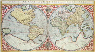 World Map, 1587. 'Orbis terrae compendiosa descriptio'. Divided into Western and Eastern