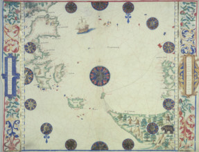 Chart of the Atlantic Ocean, c1535-1542. The map is 'upside down' to western eyes. At bottom right