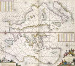 Maps of the Mediterranean, 1682. The upper half is a chart of the whole of the Mediterranean, while