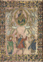 Edgar offers charter to Christ, 966. King Edgar, flanked by the Virgin and St Peter, offering the
