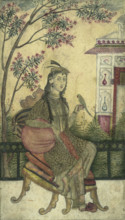 Portrait of a woman, seated, holding a small bird.