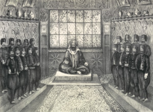 Audience of Hussein II Bey, 1835. Engraving showing Hussein II Bey (Al-Husayn II ibn Mahmud?)