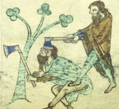 Miniature of one man killing another with his axe, c1220. Margin illustration from "Topographia
