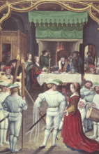 Calendar scene for February: Feasting and dancing, 1520-1530. A couple about to dance at a medieval