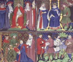 Pope enthroned, King of France enthroned, the Duc de Berry, a group of labourers, c1450. In four