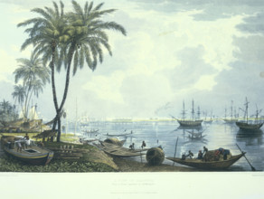A view of Calcutta from a. Point opposite to Kidderpore, 1824-1826. Sailing ships and boats near
