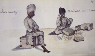 Carpenter and stone-mason, 1856. 'Luda maistry, Kutch Seelat, or Stone Mason'. Carpenter seated on