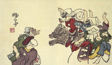 Ohara girls dancing beside their bundles of brushwood and exciting the interests of two masks as