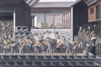 A tea warehouse in Canton, China, 1790. Note European at bottom right.