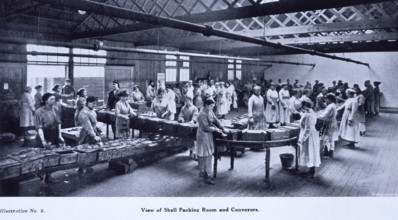 Shell packing room and conveyors, Leeds, 1919. From "The story of Barnbow" by R.H. Gummer, Chief