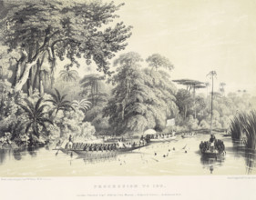 Procession to Ibu, 1840. West African expedition. A canoe appears to have sunk - men are seen in