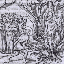 The burning of George Wishart, 1546 (1577). Scottish religious reformer Wishart (1513-1546) is