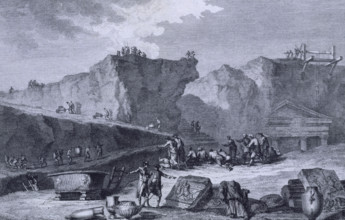 Excavation work at Herculaneum, Italy, 1781. Archaeological dig at the buried Roman city. From