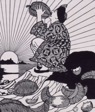 Sinbad the Sailor, 1896. Sinbad, drinking from a fruit or vegetable. From a translation by EW Lane