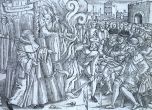 The burning of Thomas Cranmer, Archbishop of Canterbury, 1556, (1563). As he is burned alive,