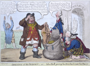 Opening of the Budget; or John Bull giving his breeches to save his bacon, 1818. Satire on the