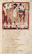 King Arthur's coronation, 14th century. Geoffrey of Monmouth's legendary history of Britain was