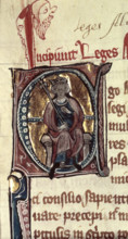 King Alfred the Great enthroned, 14th century. Portrait of Alfred within an illuminated Initial 'E'