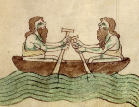 The men of Connaught in a coracle, after c1170. Two bearded Irishmen rowing a round skin boat. From