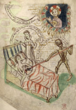 Man dying of the plague, 14th-15th century. A priest gives the last rites to a sufferer, as a