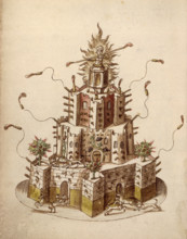 Firework display celebrating the marriage of Princess Elizabeth, c1613. This pyrotechnic