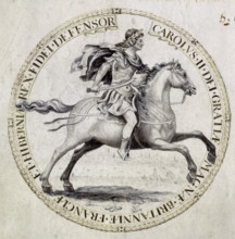 Royal seal of Charles II, 1662. Design for a great seal for the king, who is shown in a heroic pose