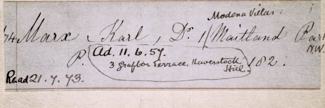 Record of Karl Marx's ticket for the reading room of the British Museum, 1857. Much of Marx's