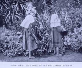 Now we'll give some to the big garden borders, 1908. Two girls watering plants. Gertrude Jekyll was