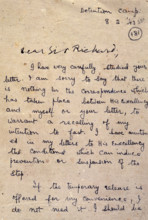 Opening page of a letter from Gandhi to Sir Richard Tottenham, 1943. 'Detention Camp, 8.2.'43. Dear