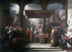 Robert Clive receiving the land revenues of Bengal, Bihar and Orissa, 1765, (early 19th century).