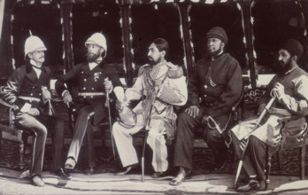 The Amir of Afghanistan with officials, Gandamak, Afghanistan, May 1879. During the Second Afghan