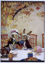 The March Hare and the Mad Hatter having tea, Alice's Adventures in Wonderland, 1922.