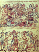 Knights and foot soldiers engaged in battle, c1320-1330. Above; the peers fight each other on