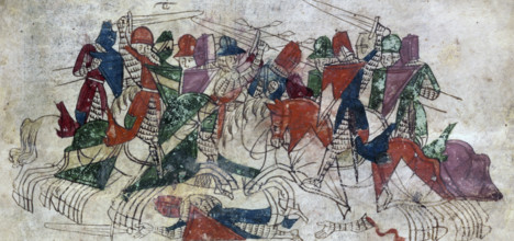 An early tournament, c1275-1325. Coloured drawing showing knights jousting. These events were more