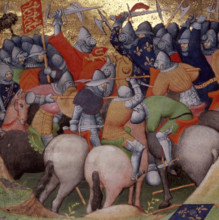 Battle of Crécy, between the English and the French, in 1346, (1415). The knights hold swords above