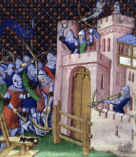 Siege scene, c1415. Bows and arrows and crossbows are used by both sides. The defenders throw rocks