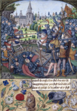 Battle between two armies, 1485-1490. Miniature of a battle. In the centre lie the dead and