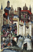 Encampment of the Greeks, and battle outside Troy, 15th century. Royals and their courtiers look on