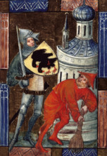 Soldier with sword, and man with broom, c1405. The knight's shield is emblazoned with crows. The
