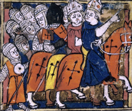Crusaders in mail armour go to war, early 14th century. Bishops lead soldiers during the invasion