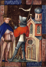 King and knight, c1405. Showing plate protection for the legs, and a form of kettle helmet.