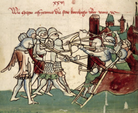 Army attacking a besieged town, 15th century. The crossbow was highly effective against heavily