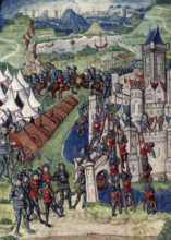 Army besieging a walled city, c1487. The siege of Saint Jacques in Normandy? A row of cannons